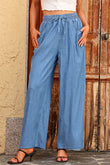 Blue Drawstring Waist Wide Leg Tencel Denim Pants