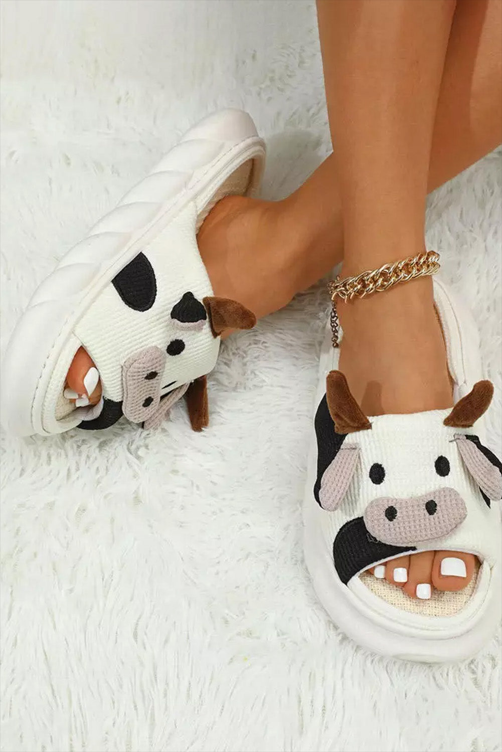 White Cartoon Animal Cow Plush Slippers