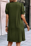 Fern Green Notched Neck Pleated Puff Sleeve Shift T-shirt Dress