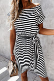 Khaki Stripe Short Sleeve Belted Wrapped Hemline T-Shirt Dress