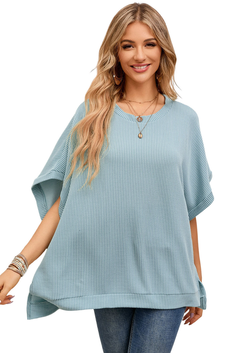 Ribbed Knit Batwing Sleeve Tunic Oversized T Shirt