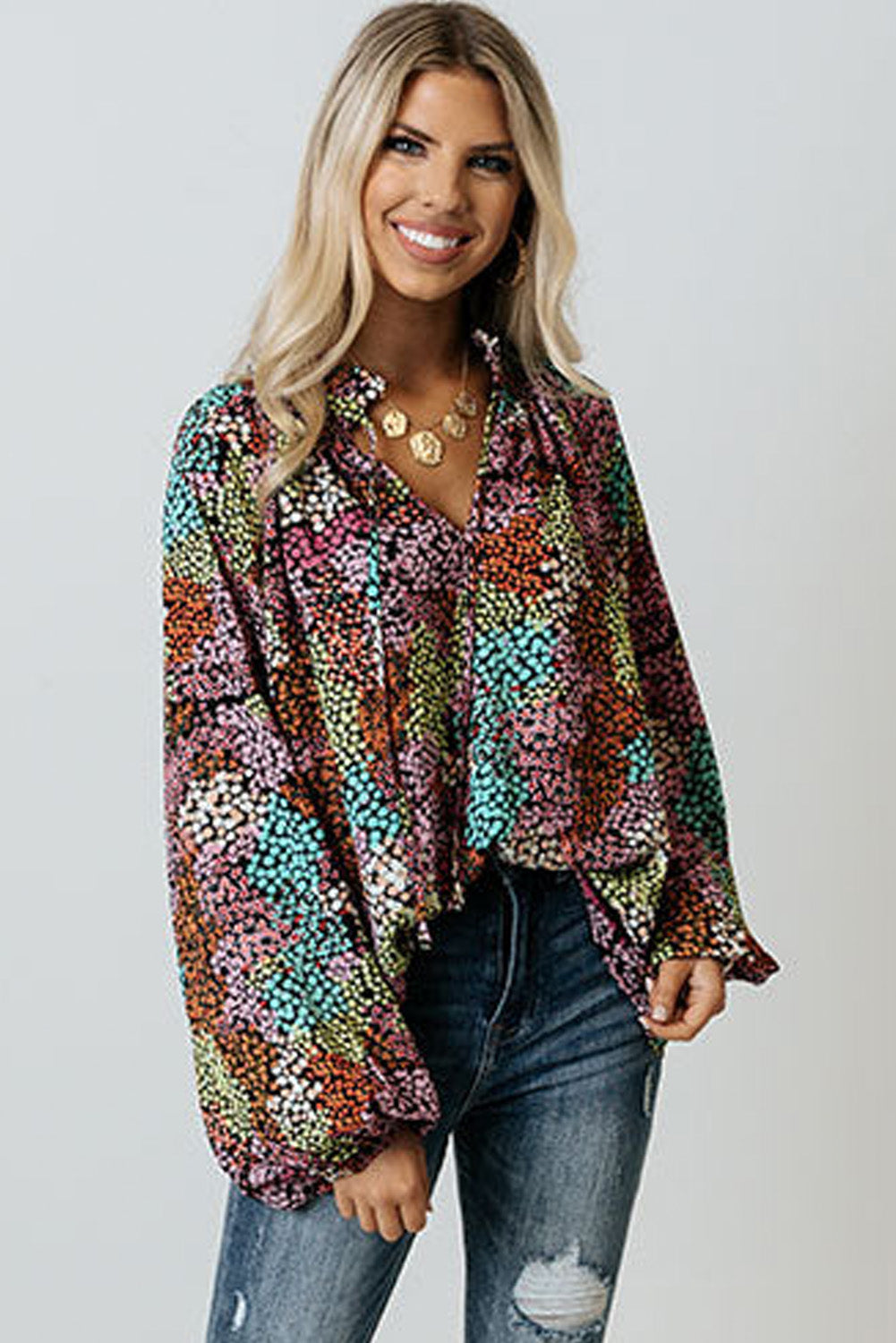 Vibrant Floral Tie V Neck Puff Sleeve Blouse