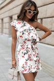 Ruffled One Shoulder Tie High Waist Floral Dress