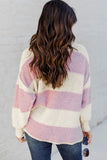 Striped Knit Button Ribbed Split Neck Sweater