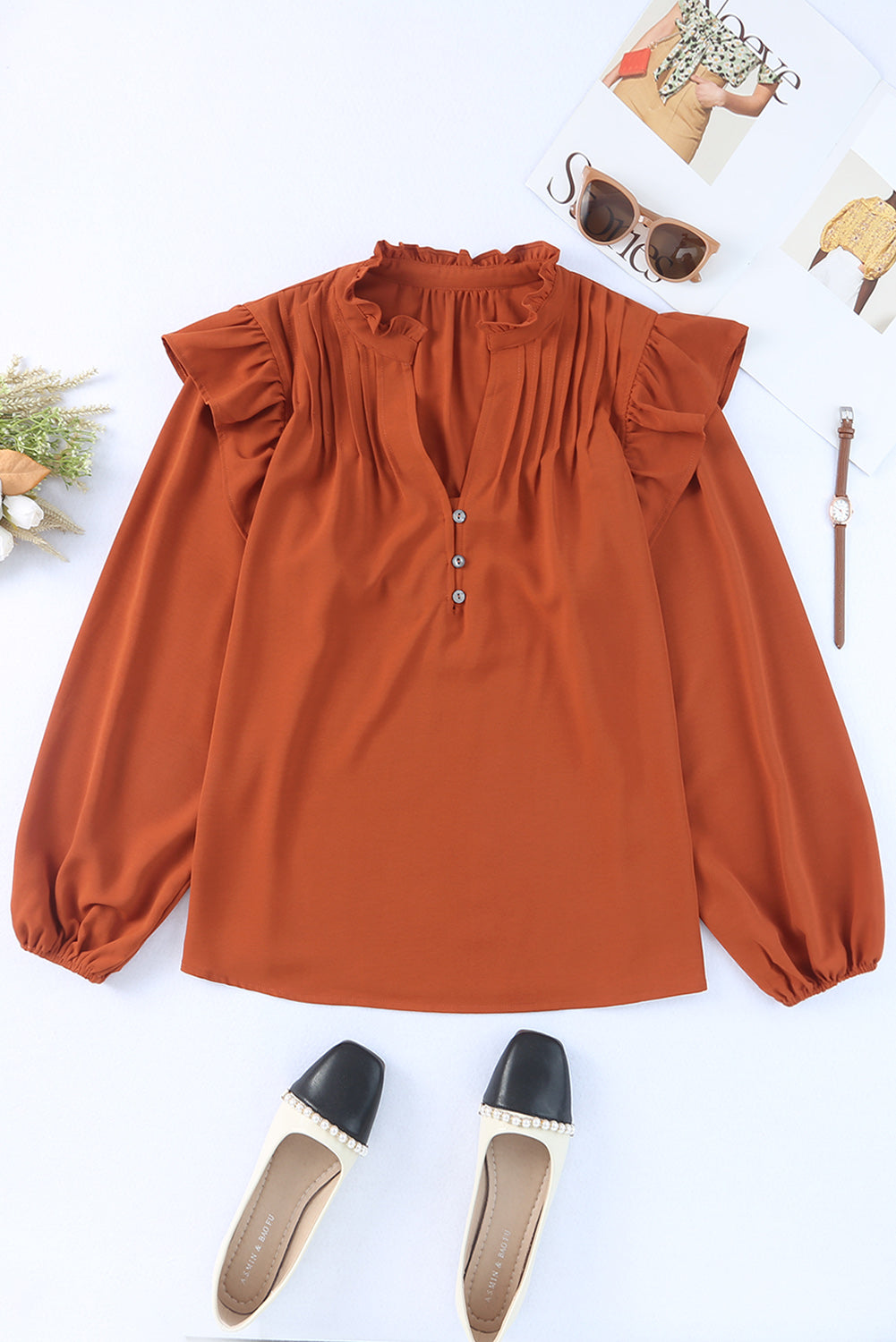 Ruffled Pleated Buttoned V Neck Blouse