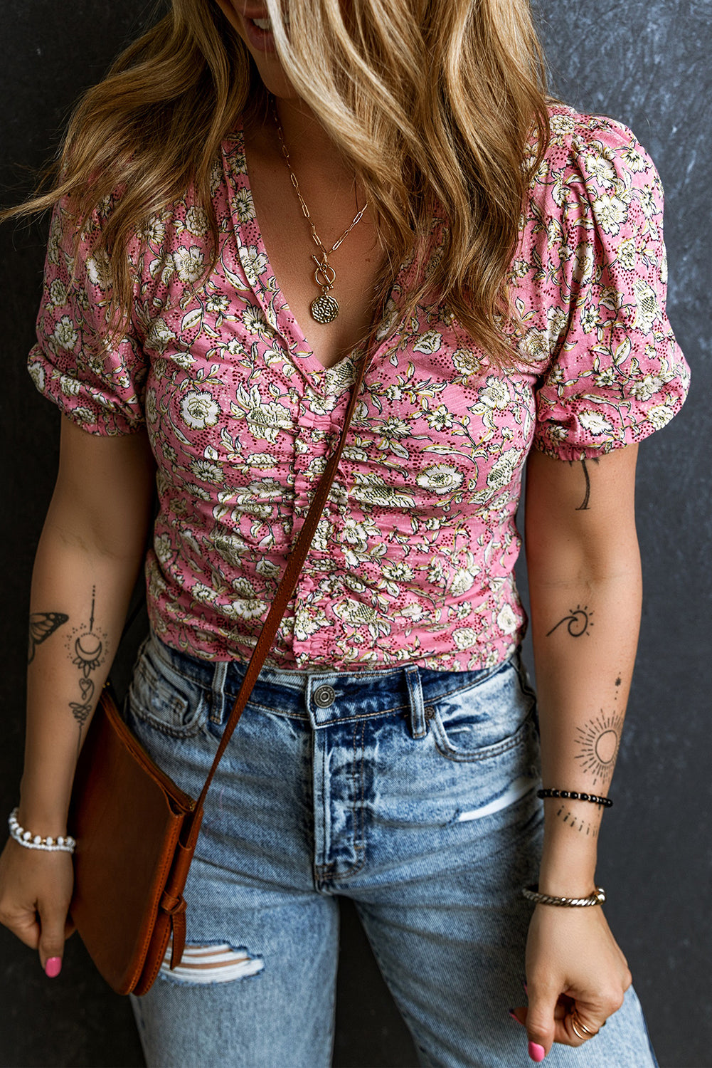 Pink Floral Short Puff Sleeve V Neck Ruched Blouse