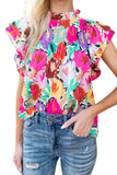 Abstract Floral Print Frilled Neck Pleated Blouse