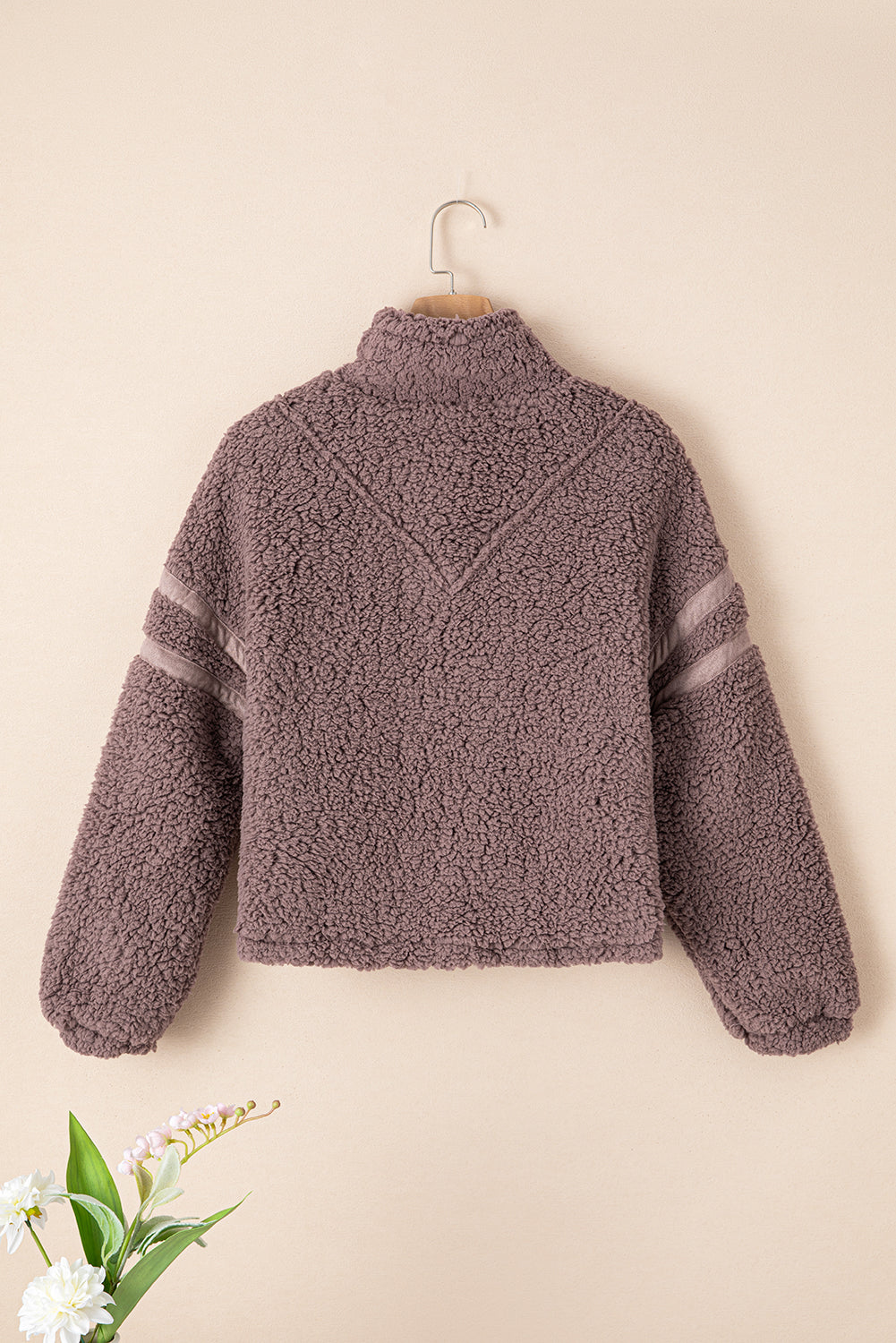 Dusty Pink Collared Neckline Half Zip Fluffy Pullover Sweatshirt