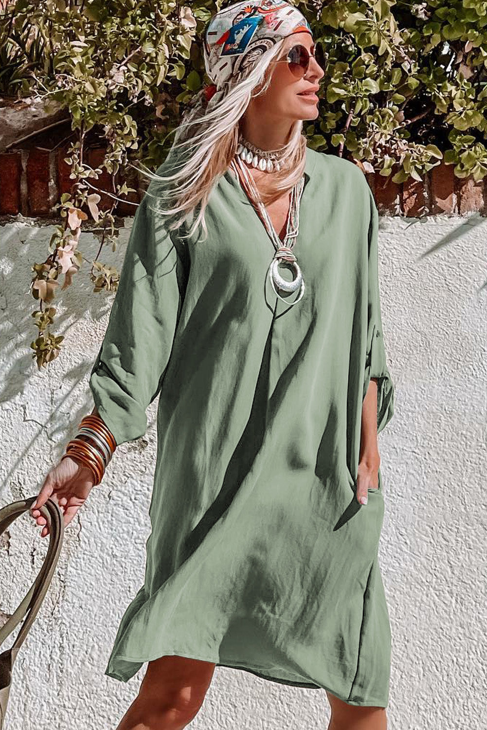 Roll-tab Sleeve Flowy Casual Dress