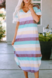 Striped Color Block V Neck T Shirt Midi Dress