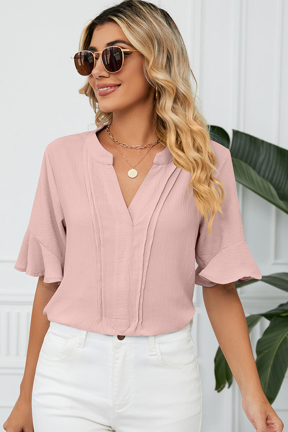 Ruffled Bracelet Sleeve V-Neck Pleated Blouse