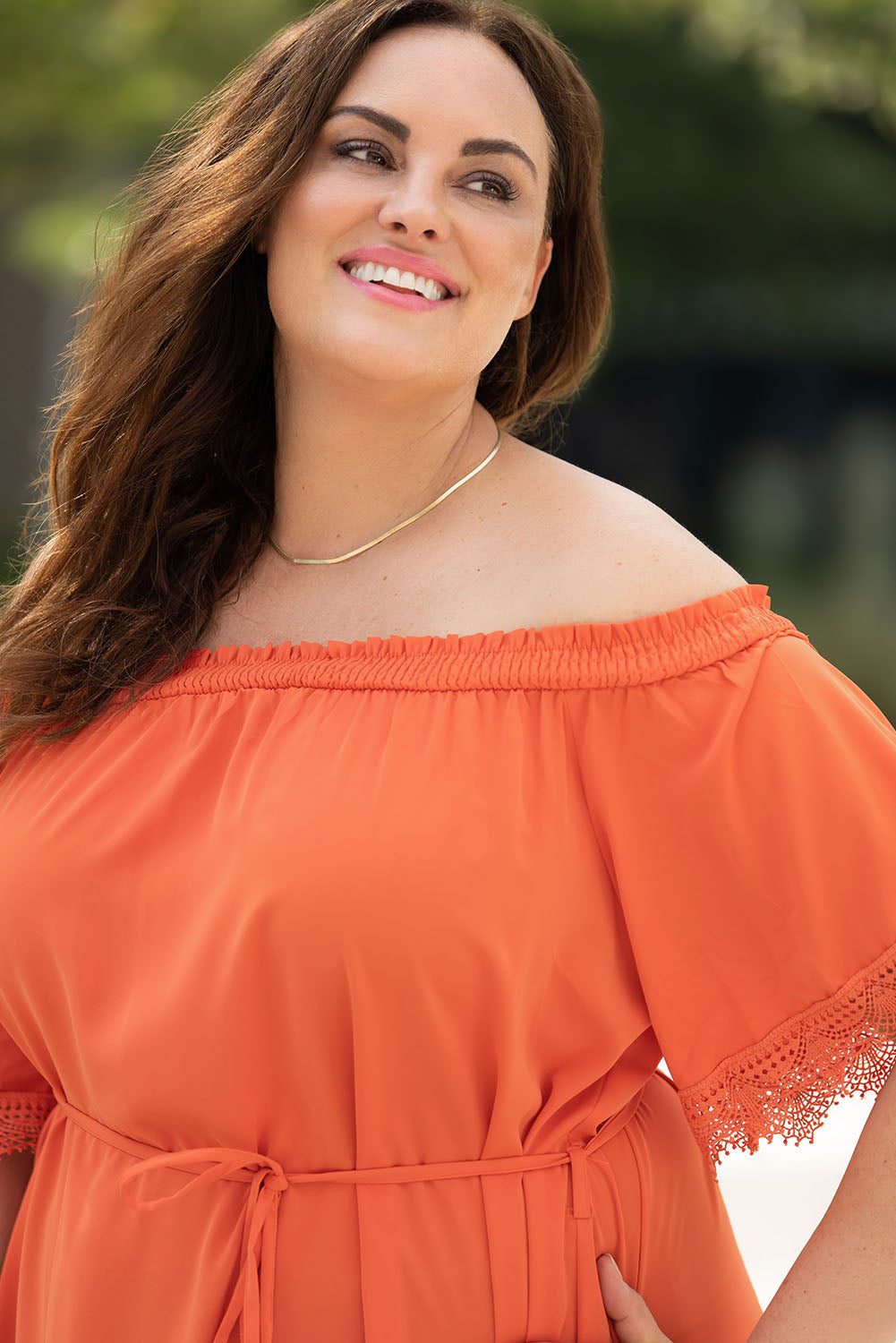 Plus Size Crochet Detail Belted Off Shoulder Dress