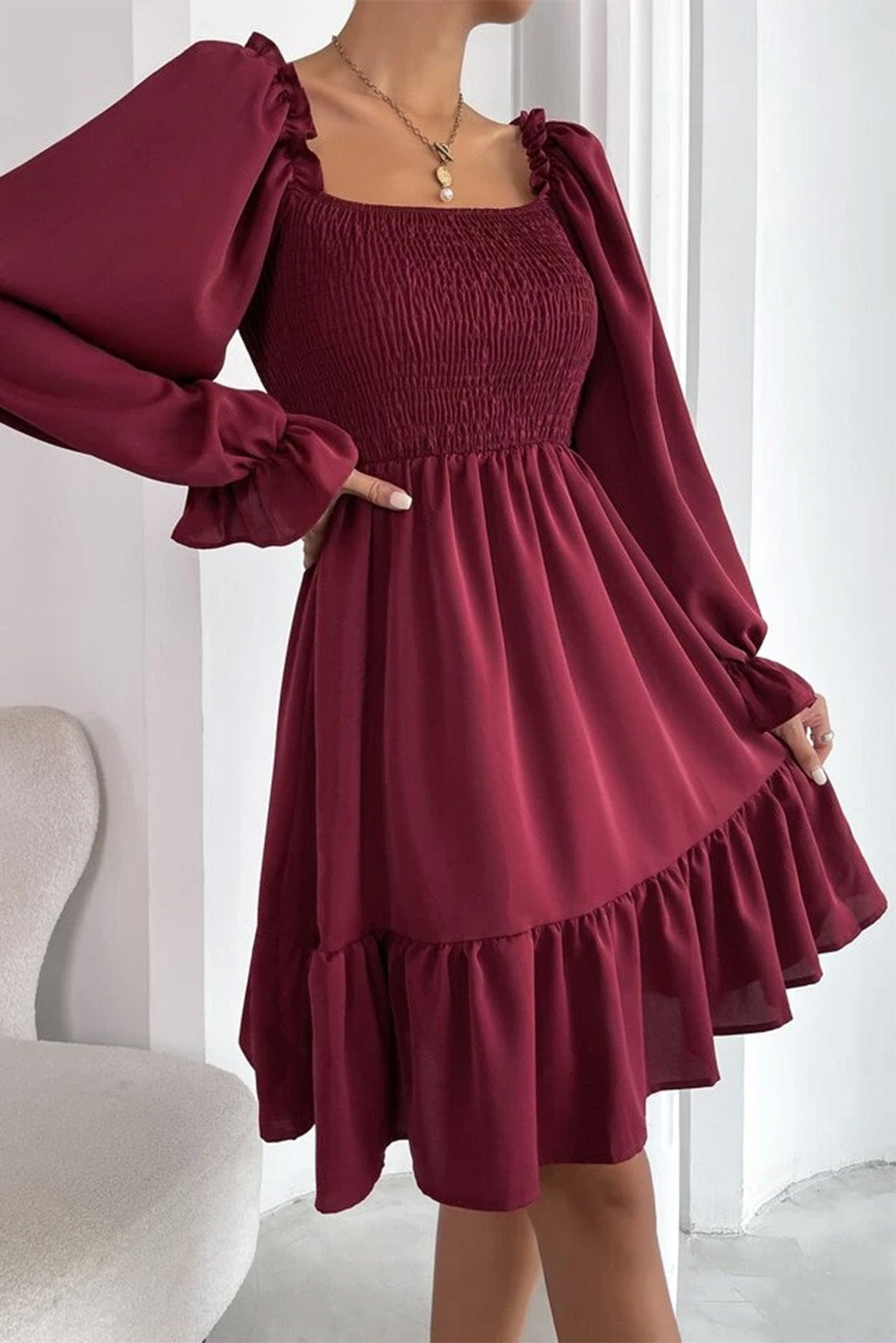 Smocked Puff Sleeve Ruffle Mini Dress