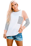 Colorblock Striped Splicing Waffle Knit Long Sleeve Top