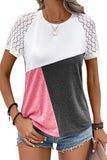 T-shirt gris à manches courtes et patchwork en dentelle color block