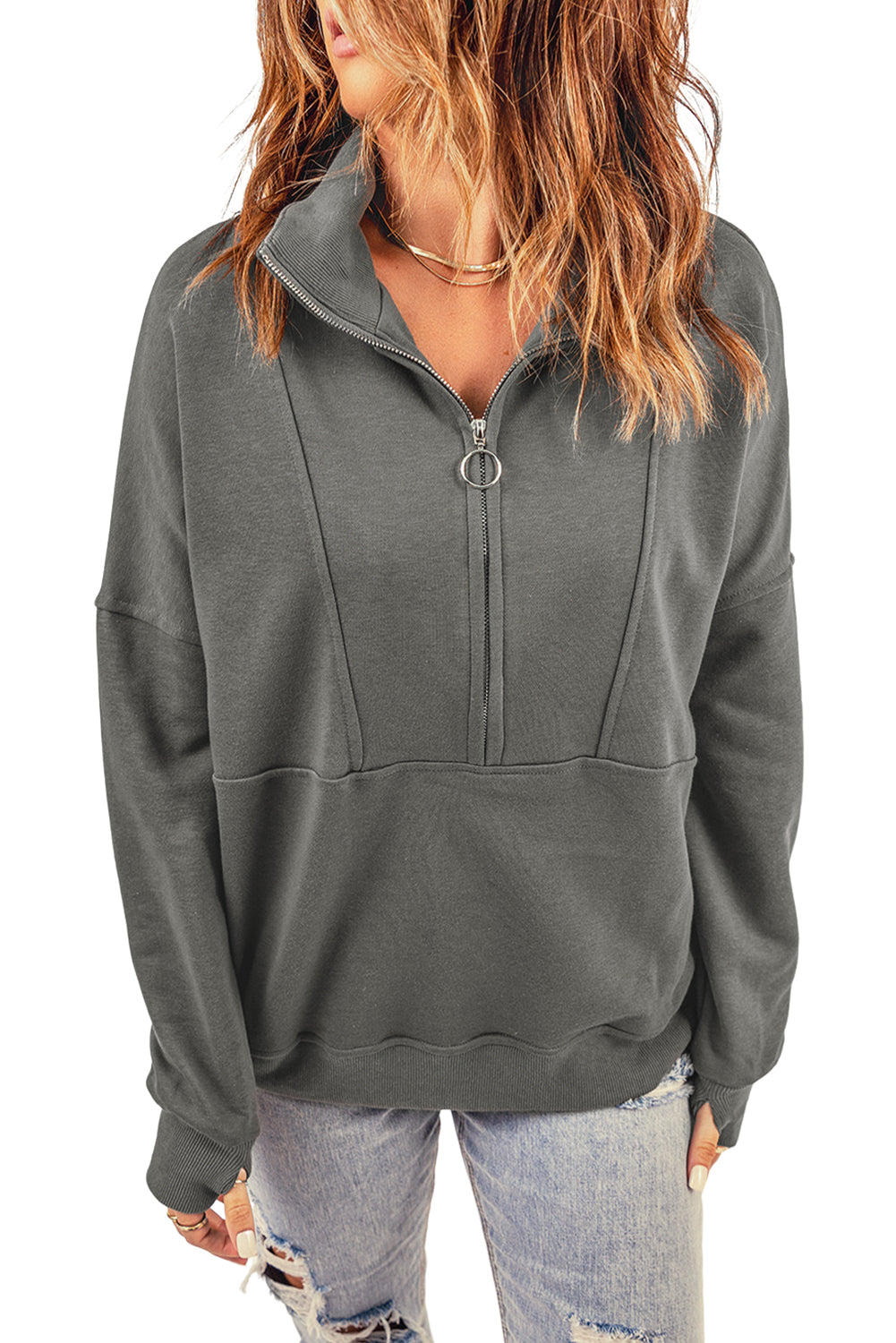 Dark Solid Color Zip Collar Sweatshirt with Pockets