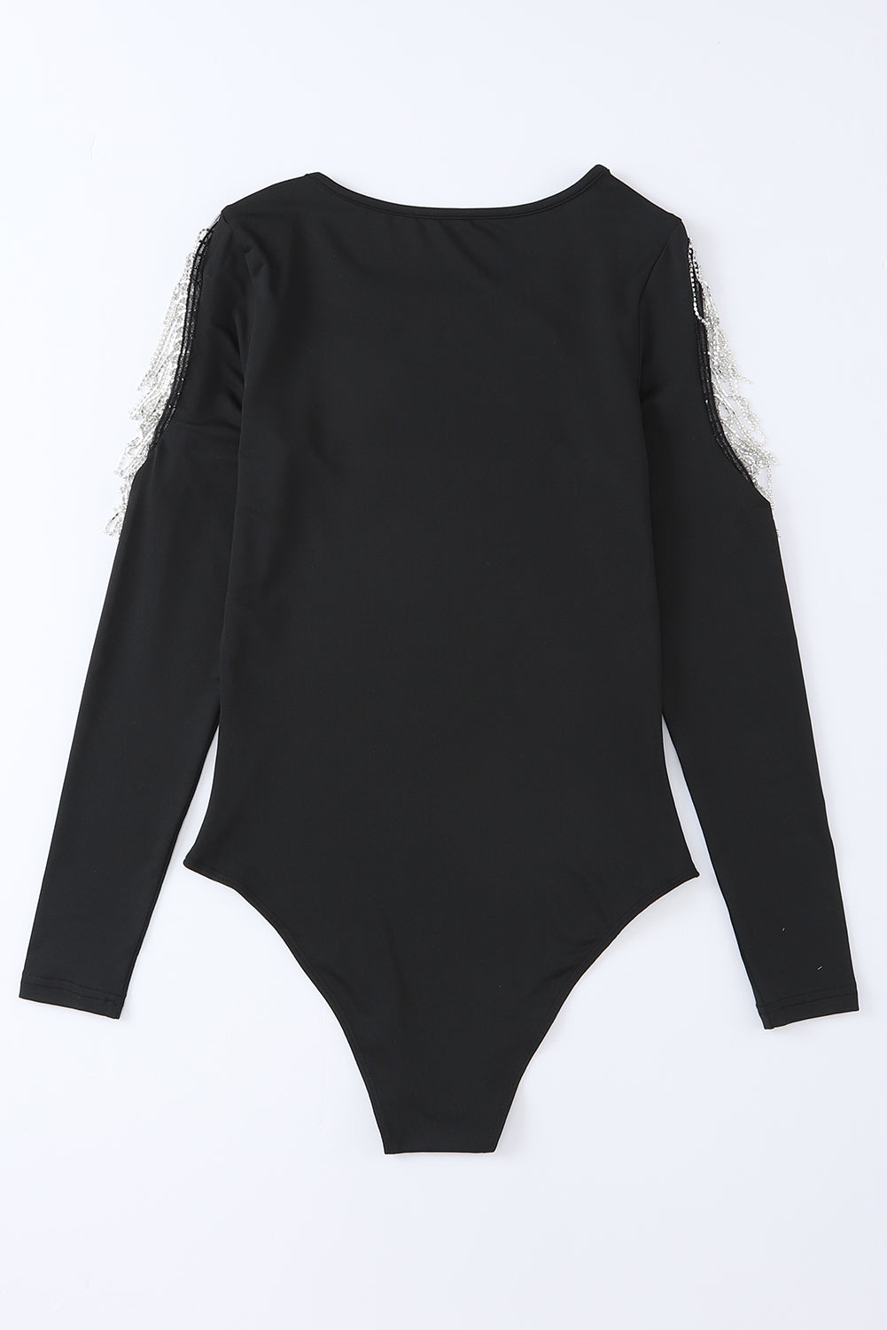 Rhinestone Fringed Cold Shoulder Long Sleeve Bodysuit