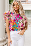 Multicolor Vibrant Floral Print Trimmed Ruffle Sleeve Blouse