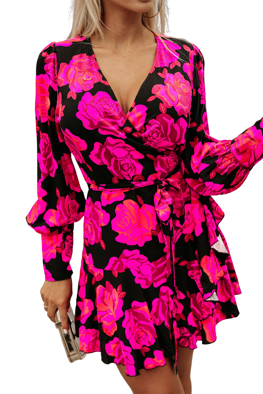 Floral Print V Neck Wrap Bishop Sleeve Ruffle Tiered Mini Dress