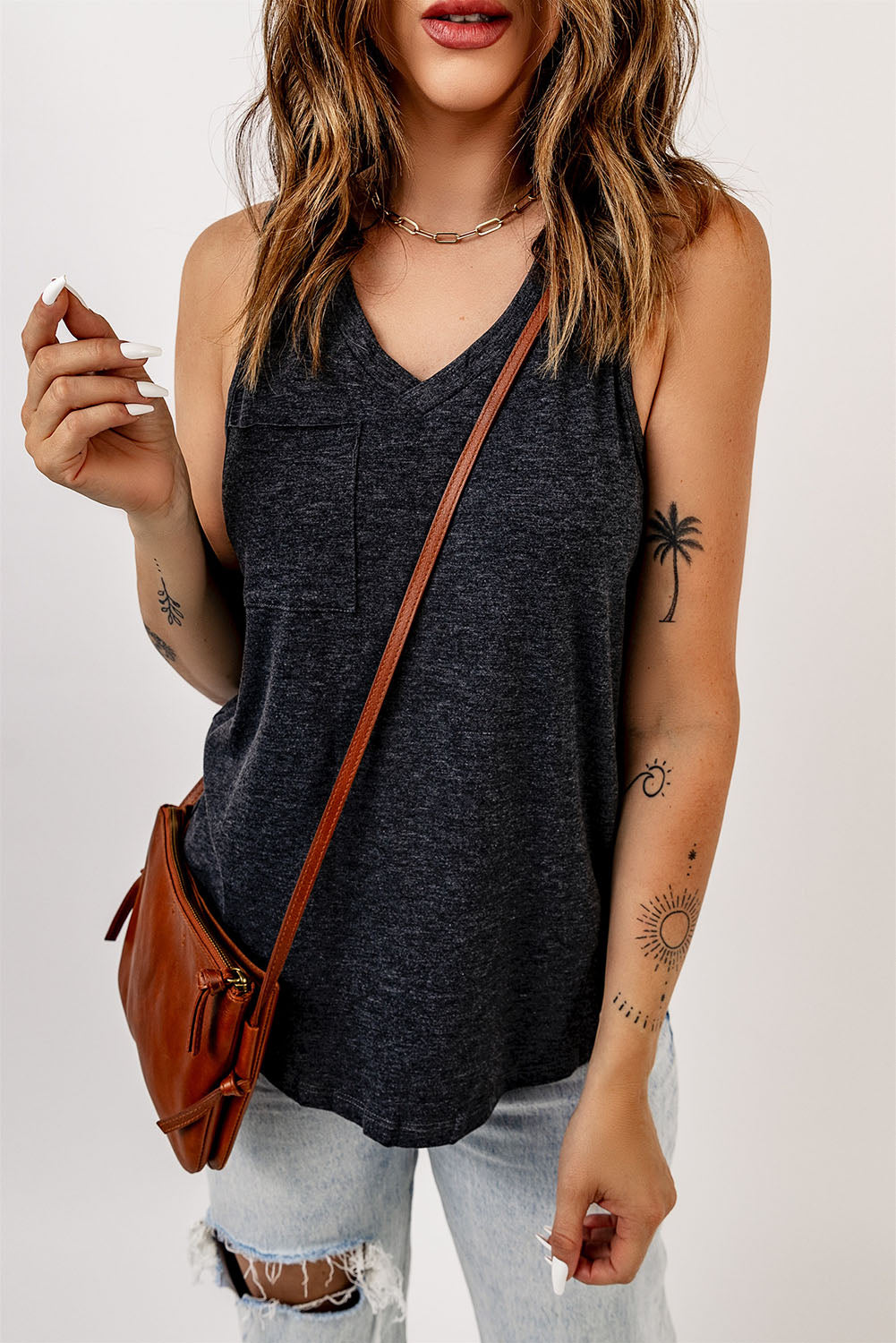 V Neck Racerback Tank Top with Pocket