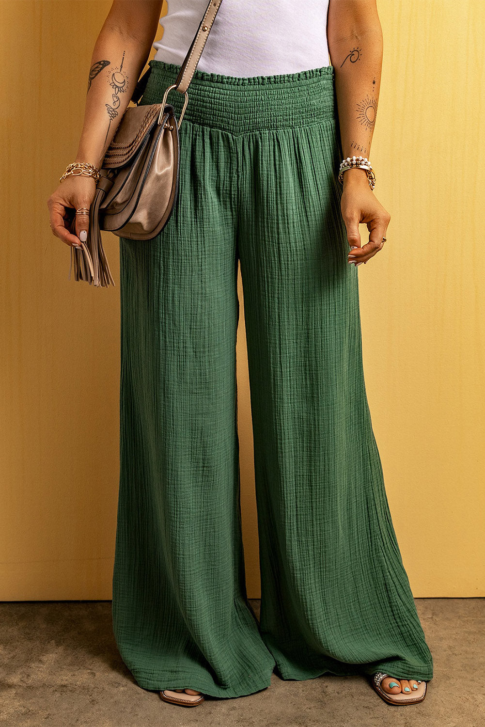 Smocked Waist Crinkled Wide Leg Pants