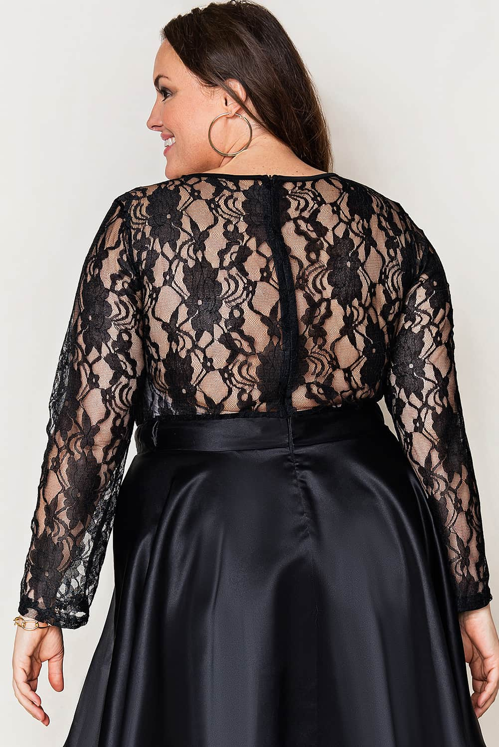 Plus Size Sheer Lace Splice High Low Satin Dress