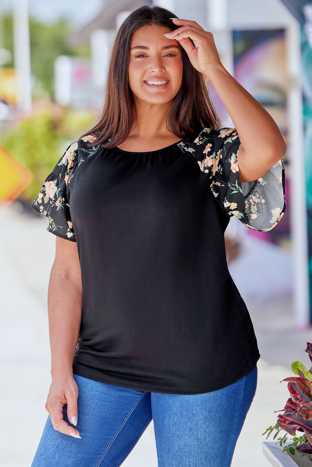 Floral Ruffle Sleeve Plus Size Top