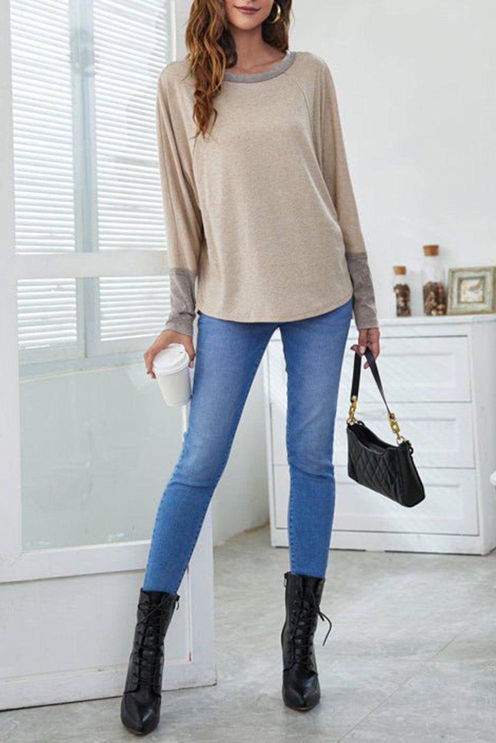 Contrast Cuffs Batwing Sleeve Loose Top