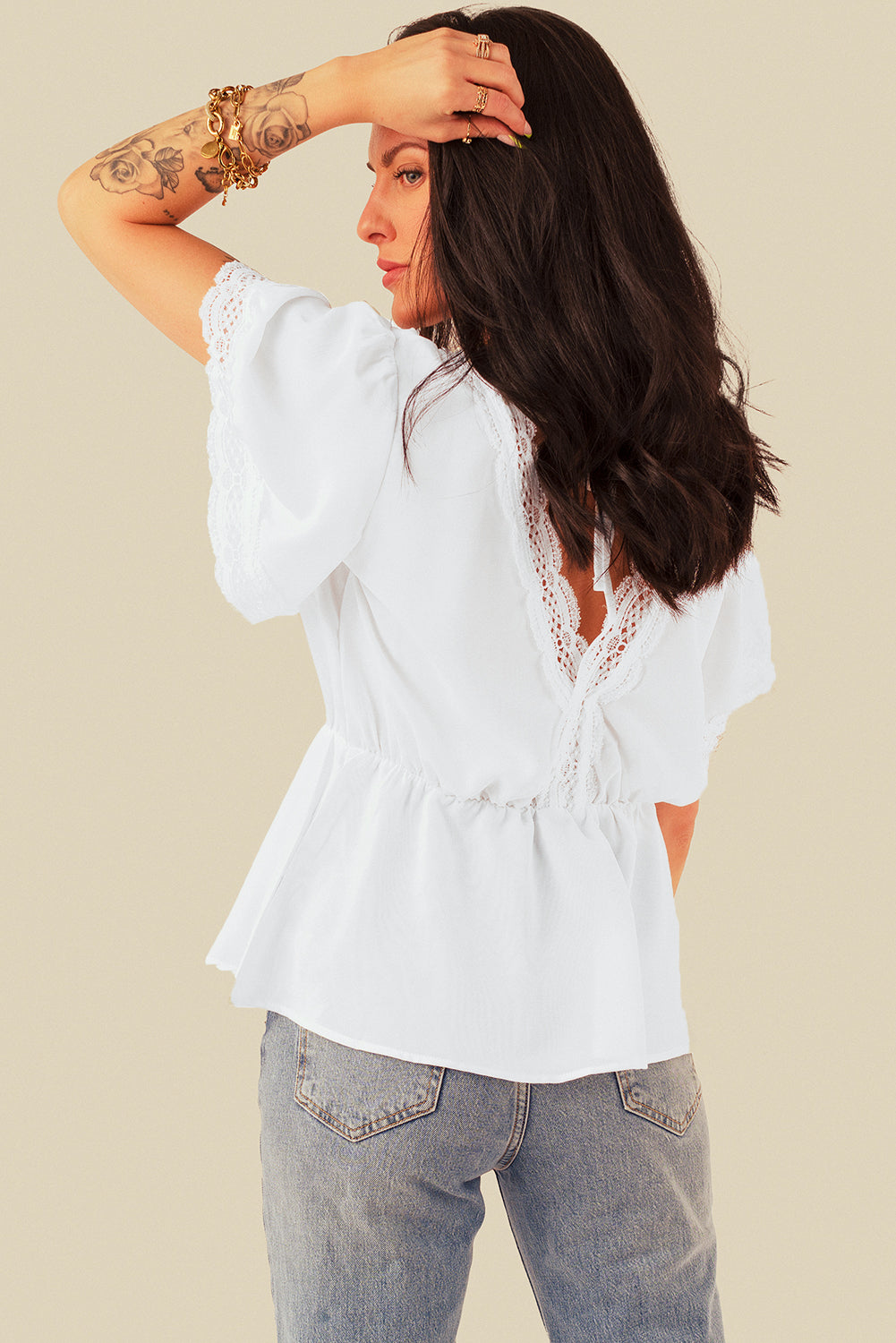 Lace Splicing V Neck Short Sleeve Blouse