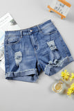 Floral Patchwork Rolled Hem Denim Shorts