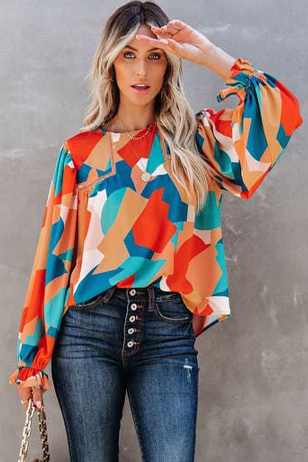 Abstract Pattern Crewneck Ruffled Puff Sleeve Blouse