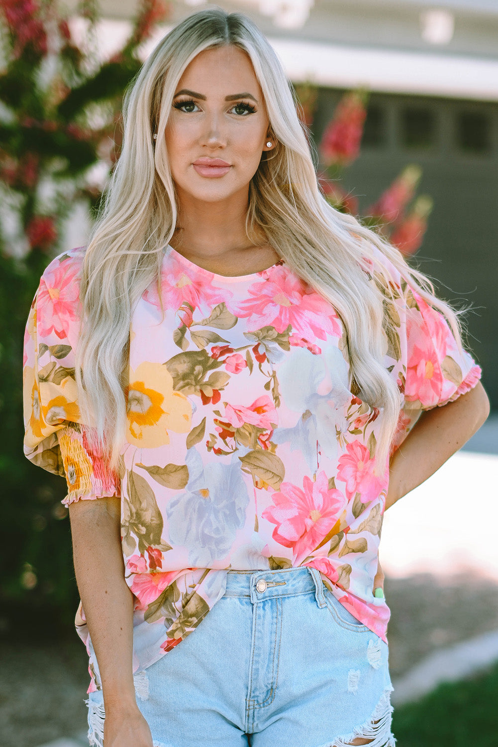 Pink Floral Print Tiered Ruffled Long Sleeve Blouse