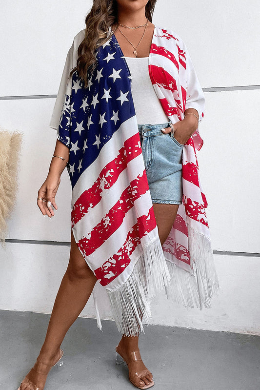 Plus Size American Flag Tasseled 3/4 Sleeve Cardigan