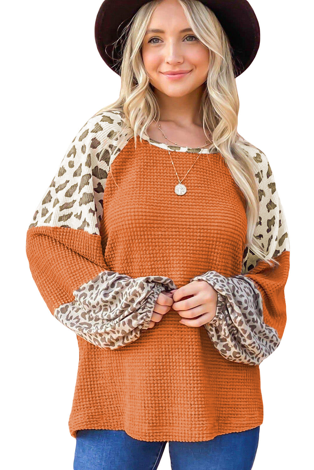 Leopard Colorblock Waffle Knit Top