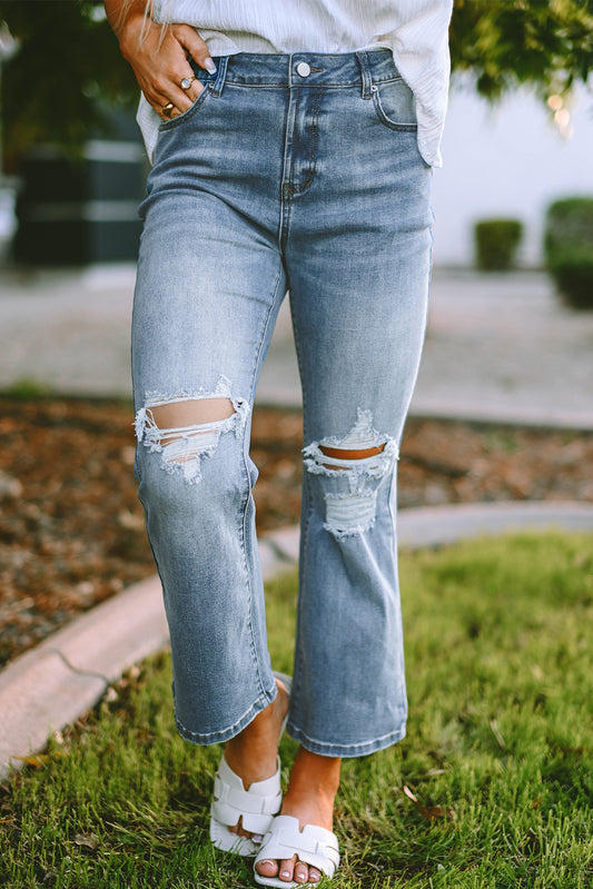 Sky Blue Distressed Ripped Flare Jeans