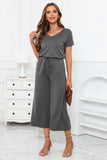 Drawstring Waist Short Sleeve Wide Leg Jumpsuit