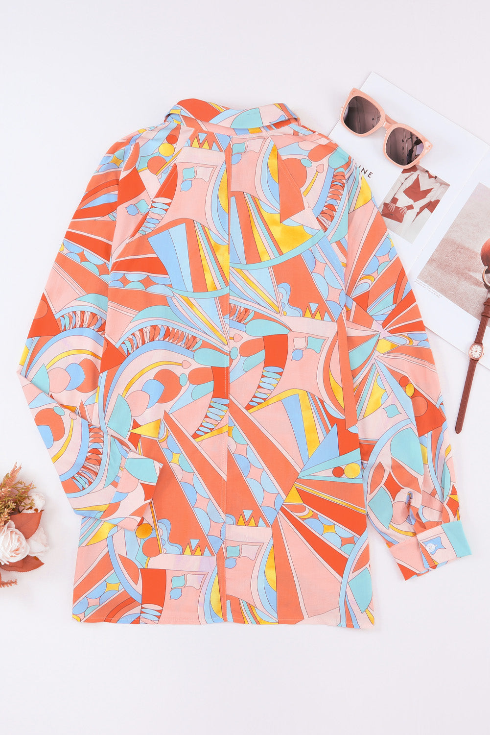 Abstract Geometry Print Half Puff Sleeve Loose Shirt