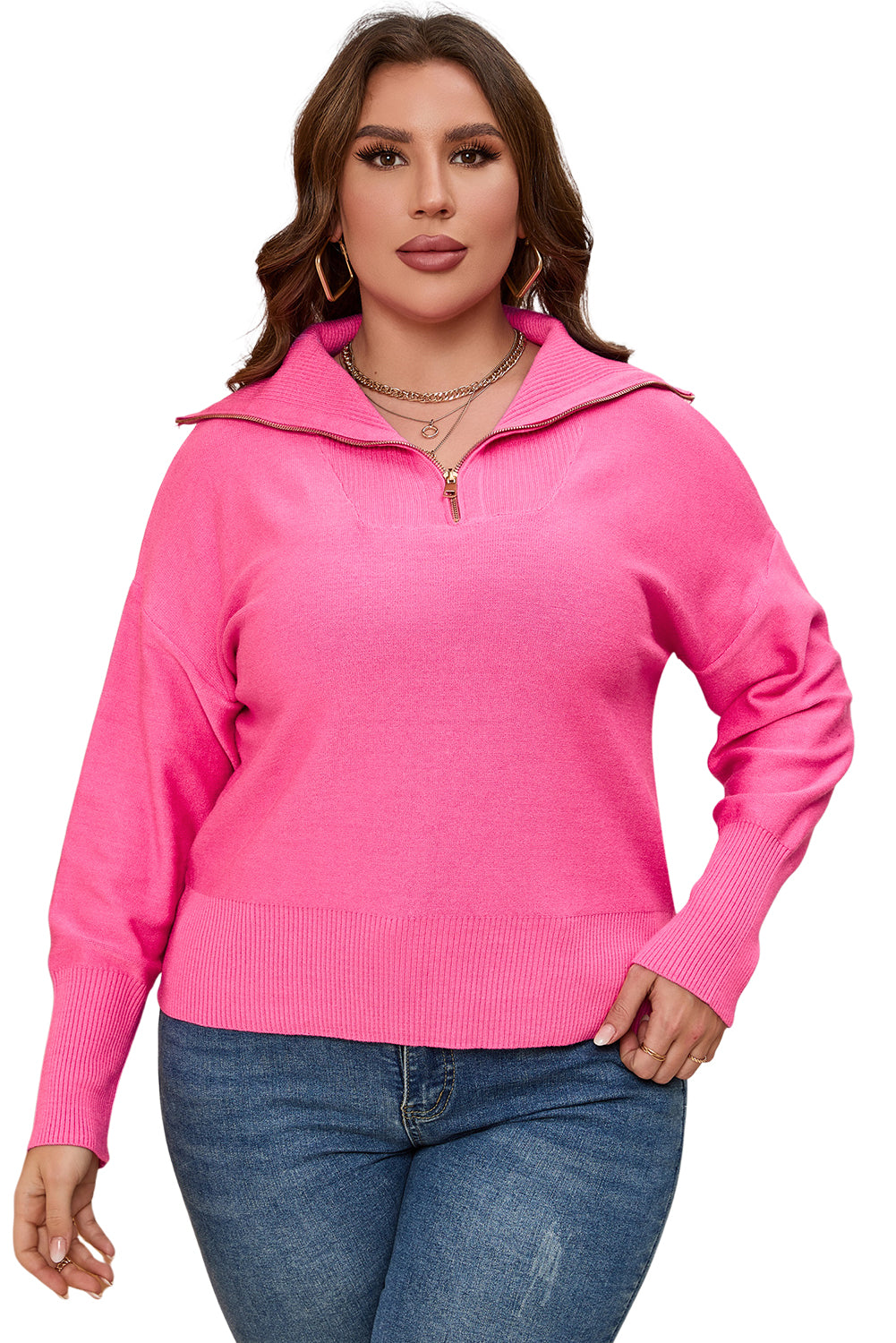 Solid Ribbed Trim Plus Size Zip Collar Sweater