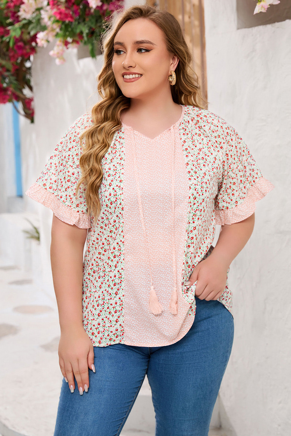 Chemisier à manches longues Dotty Floral Patchwork grande taille rose