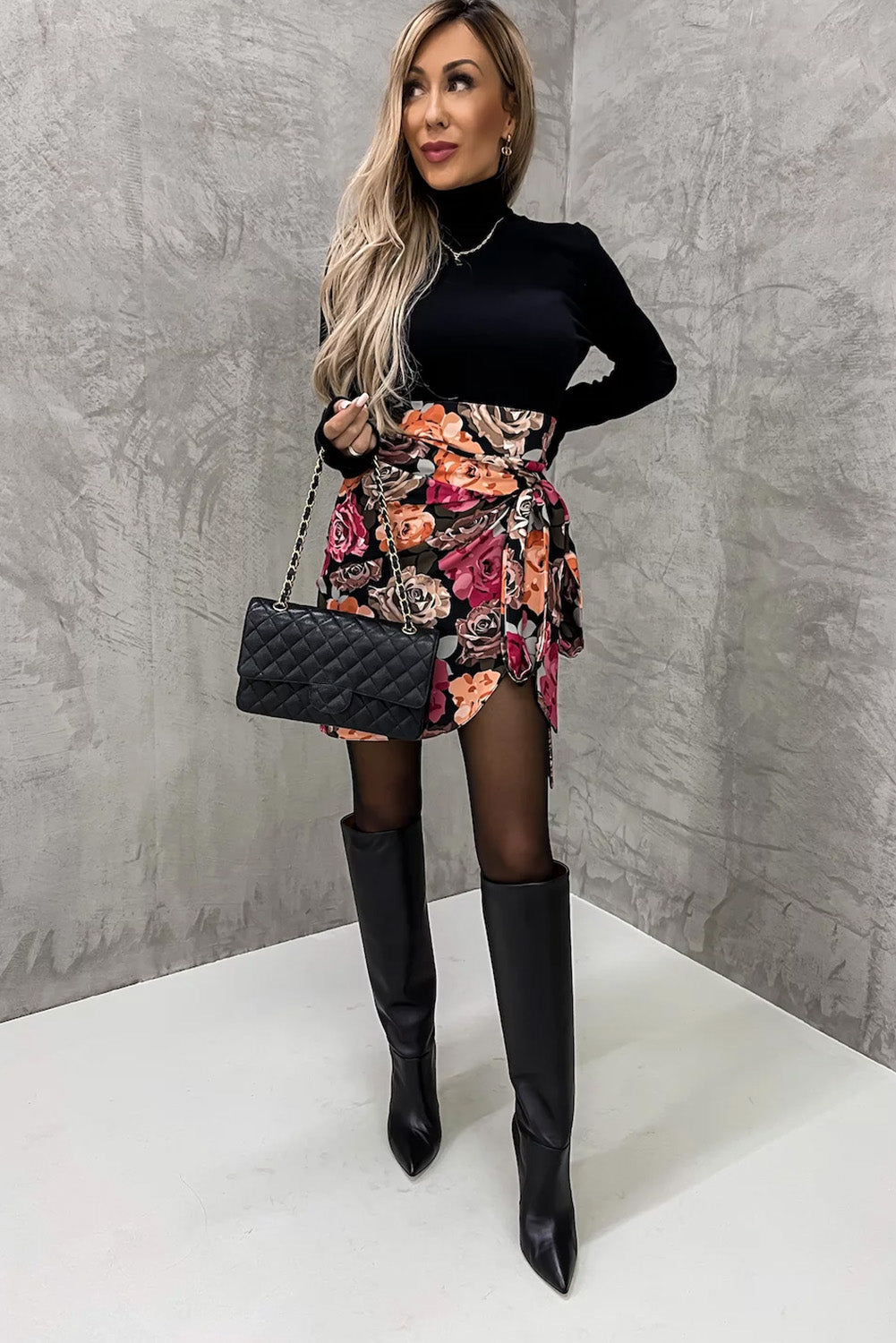 Floral Print Asymmetric Front Knot Wrap Skirt