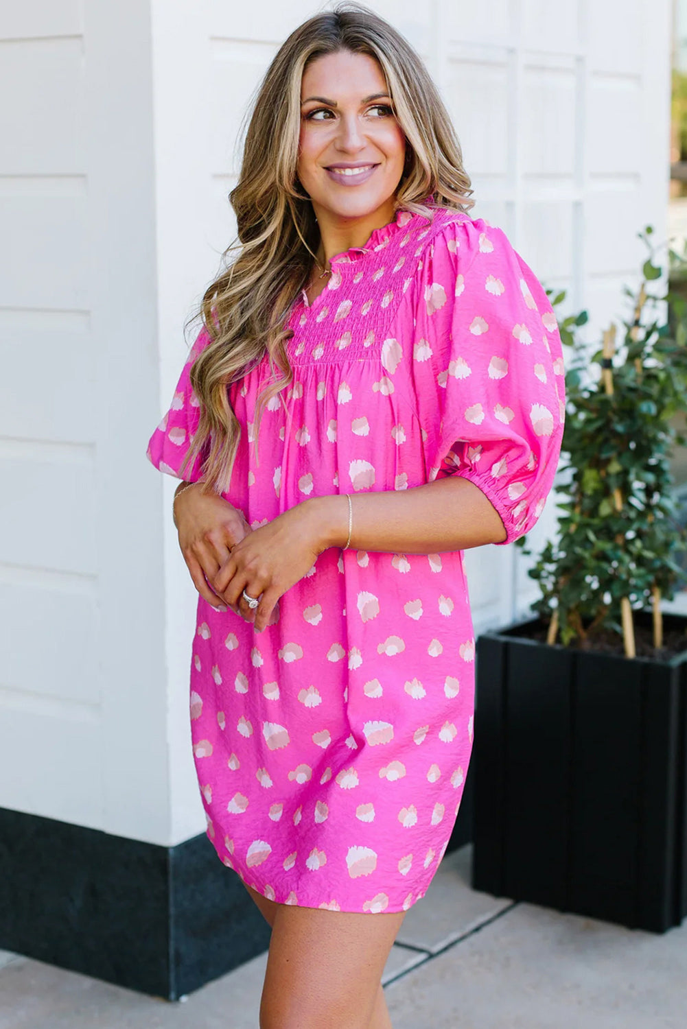 Bright Pink Printed Shirred Yoke Half Puff Sleeve Dress