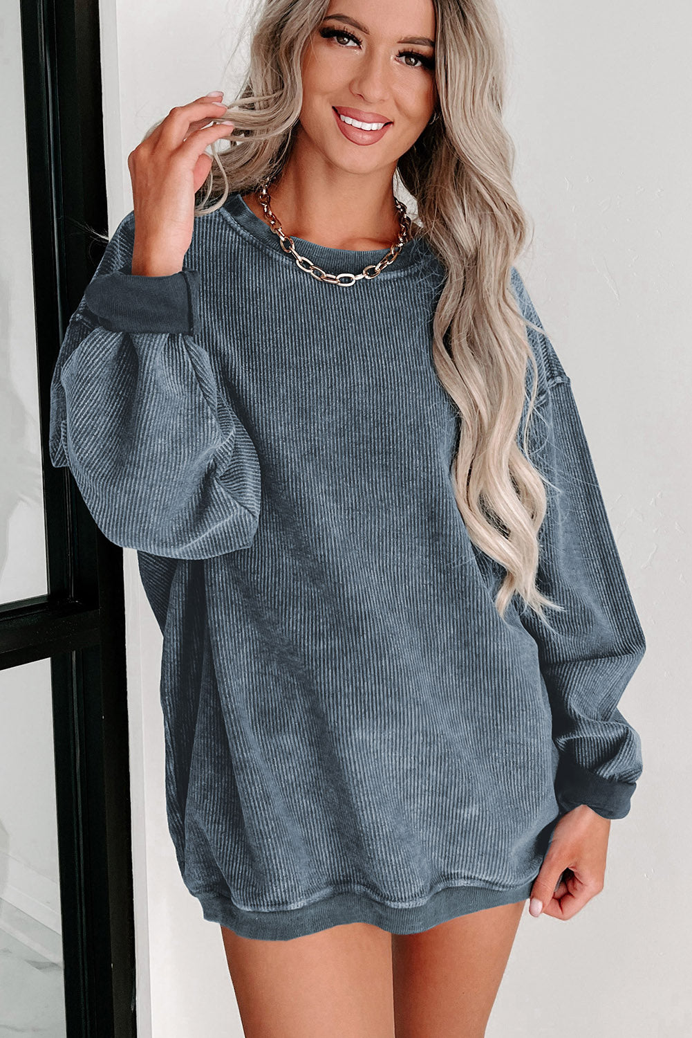 Pink Solid Ribbed Knit Round Neck Pullover Sweatshirt