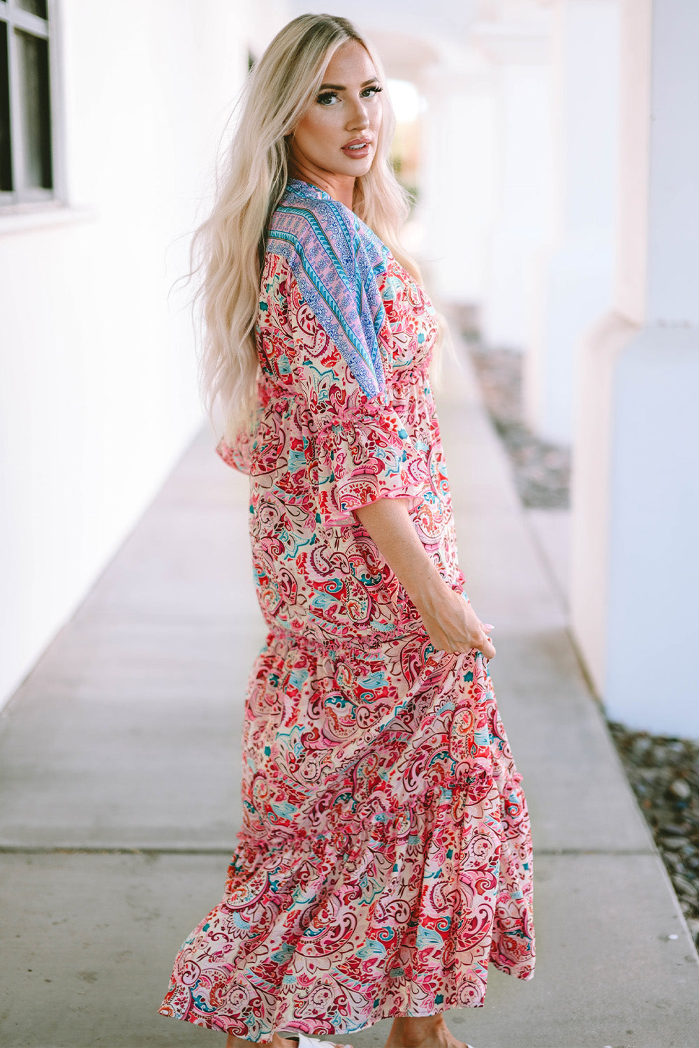 Boho Floral Paisley Print Tassel Tie V Neck Maxi Dress