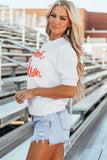 White Touchdown Tinsel Puff Short Sleeve Crew Neck Sweater