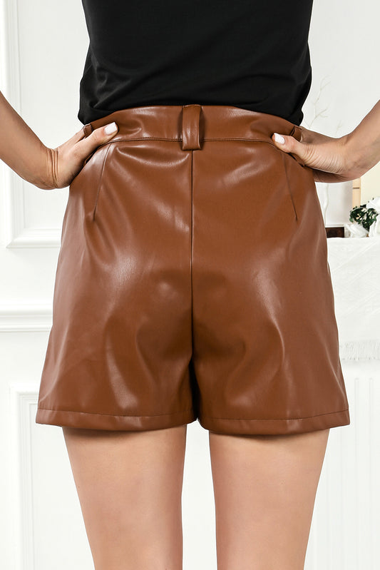 Faux Leather Pleated Casual Shorts