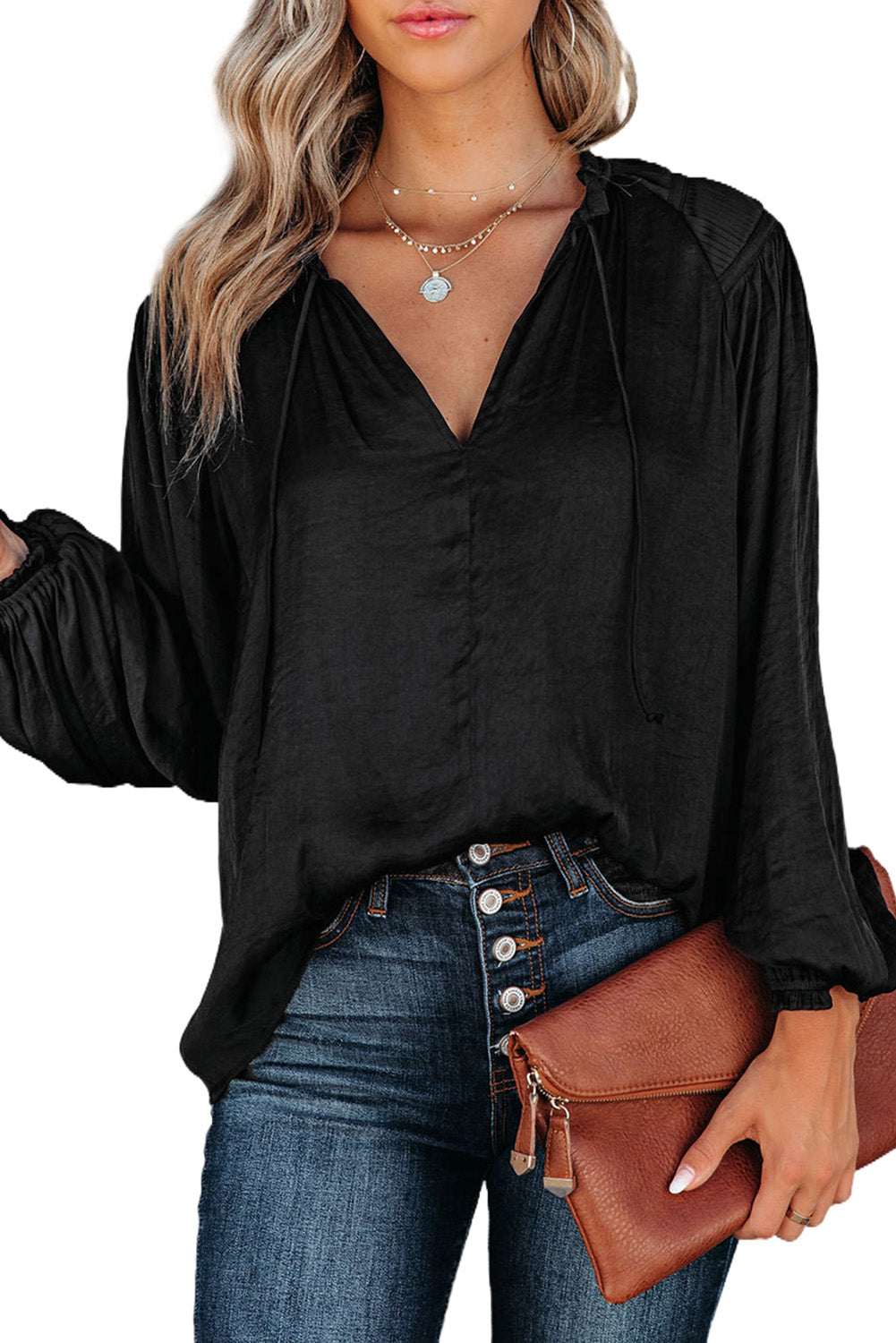 Pleated Balloon Sleeve Drawstring V-Neck Blouse