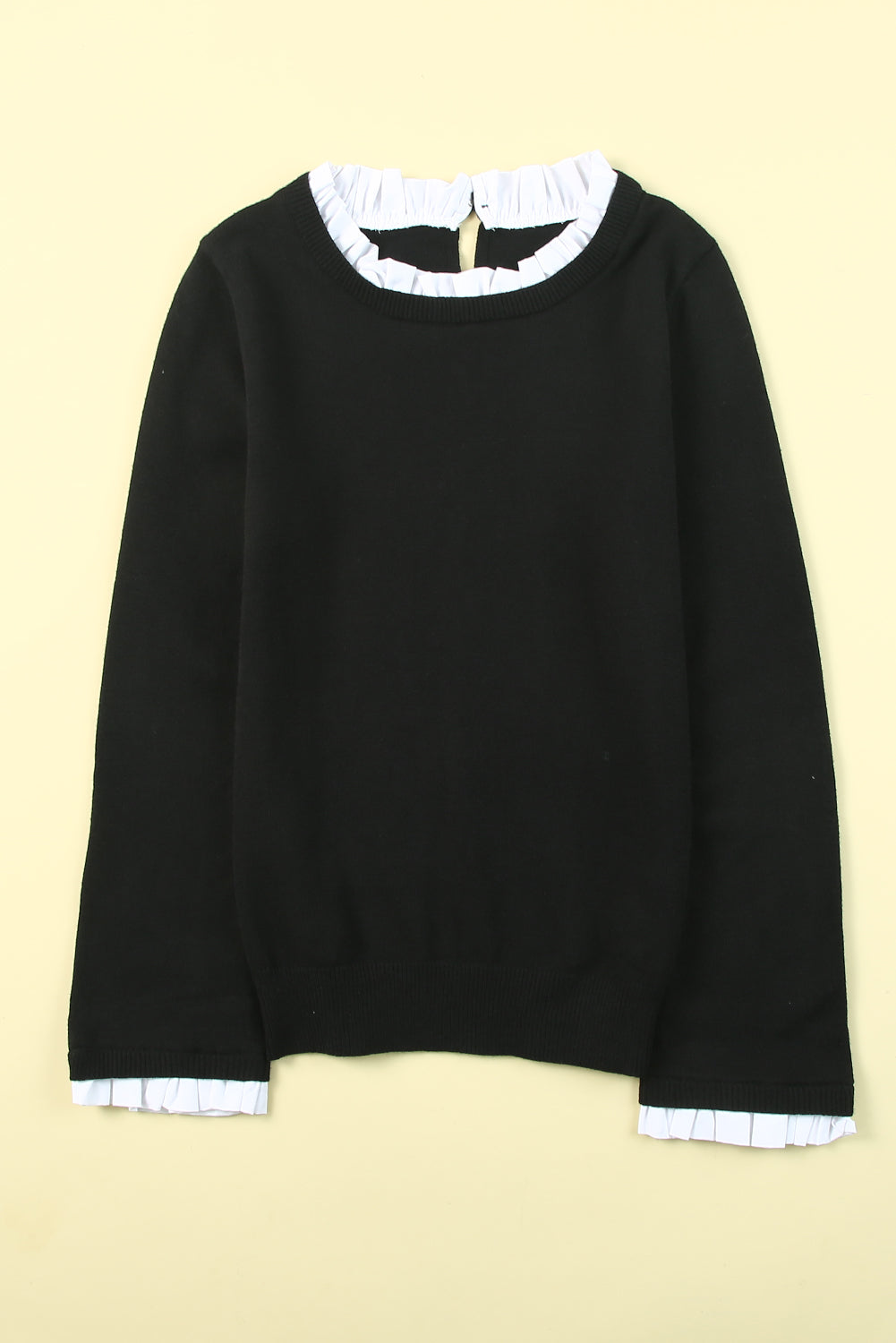 Solid Ruffled Crew Neck Knit Sweater