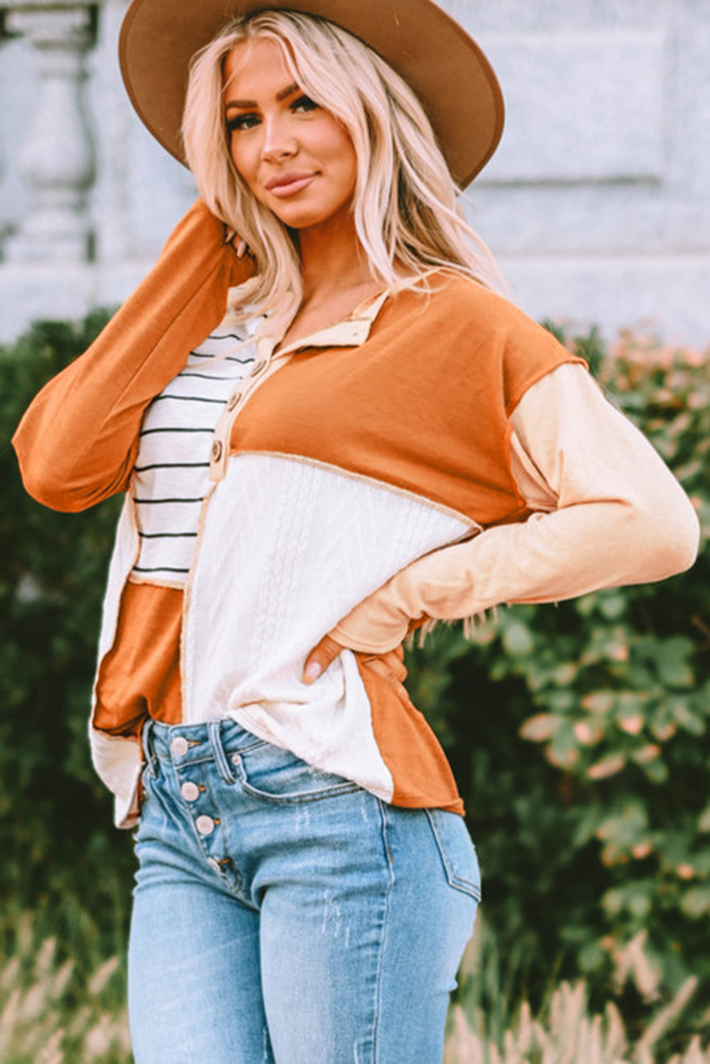 Stripe Color Block Splicing Long Sleeve Henley Top