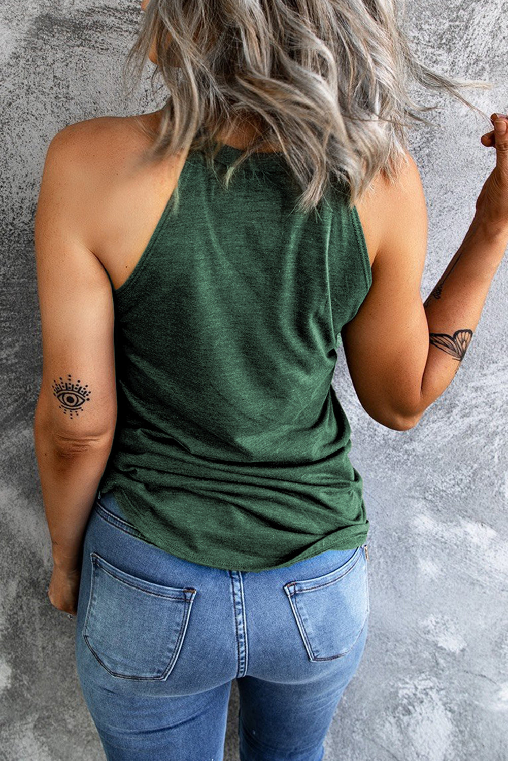 Green Solid Color Crew Neck Tank Top