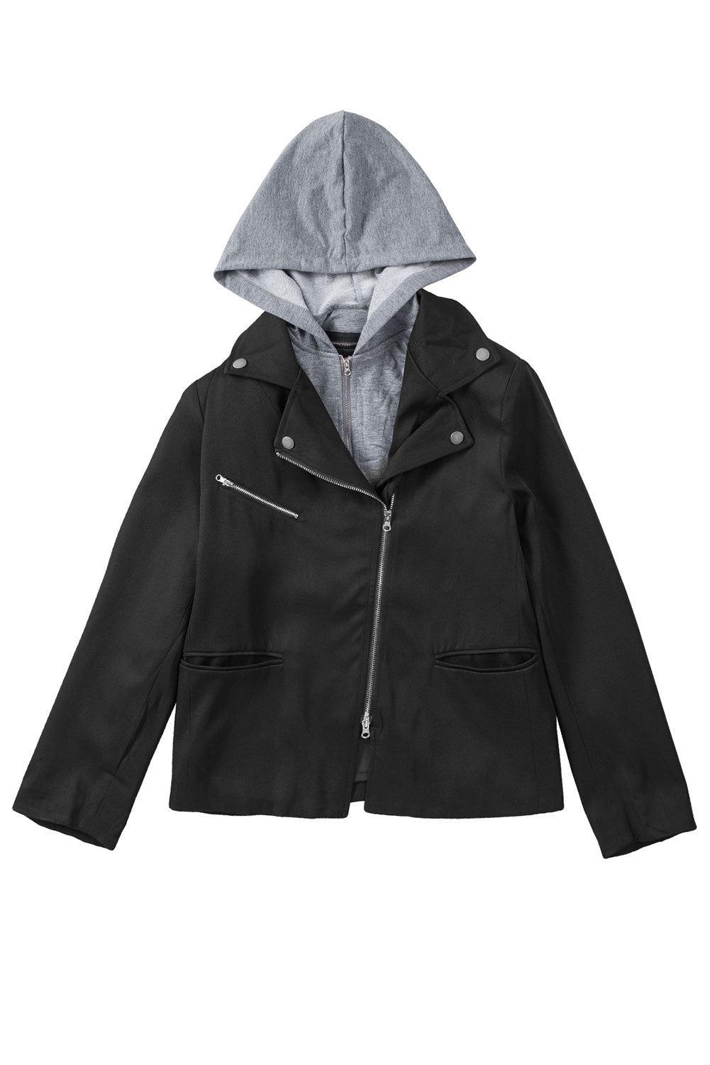 Notch Collar Detachable Hood Zipped Jacket